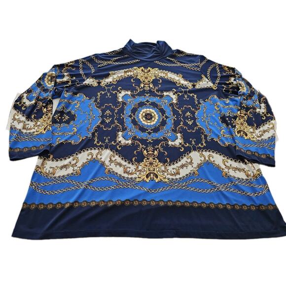 Susan Graver Liquid Knit Printed Turtleneck Blouse Top 3X Plus Size Blue Shirt - Picture 2 of 13